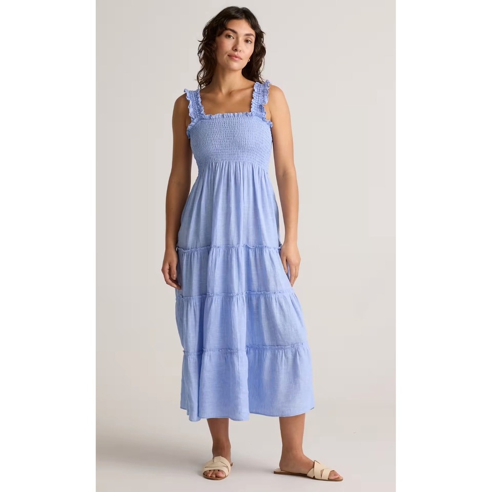 Quince Womens 100% European Linen Smocked Midi Dress French Blue Size L Beachy